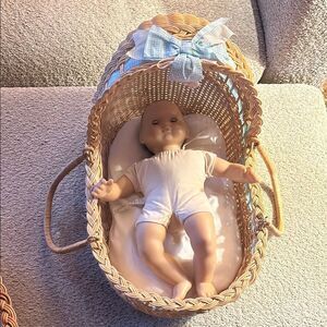Vintage Bitty Baby and Wicker Baby Doll Basket with Blue Bow
